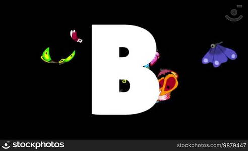 Animated zoological English alphabet. Alpha matte motion graphic. Cartoon Butterfly in a foreground of a letter B