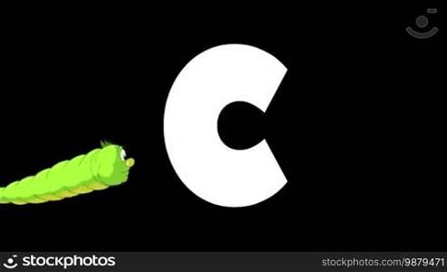 Animated zoological English alphabet. Alpha matte motion graphic. Cartoon Caterpillar in a background of a letter C