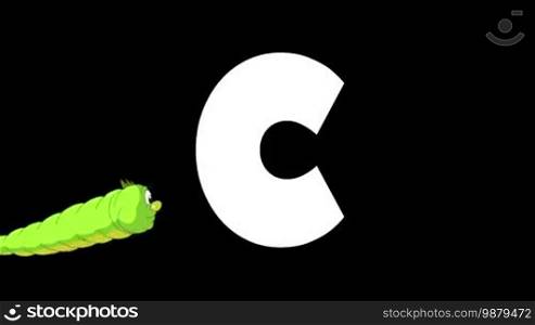 Animated zoological English alphabet. Alpha matte motion graphic. Cartoon Caterpillar in a foreground of a letter C