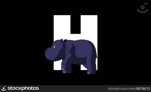 Animated zoological English alphabet. Alpha matte motion graphic. Cartoon Hippo in a foreground of a letter H