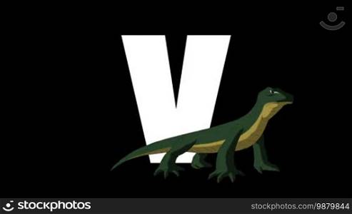 Animated zoological English alphabet. Alpha matte motion graphic. Cartoon Varanus in a foreground of a letter V