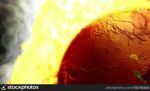 Animation of globe in fire falling down and rolling toward the camera, matte, HD