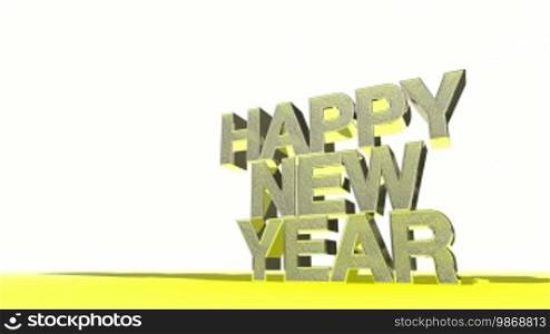 Animation of Happy New Year in big, bold, golden text.