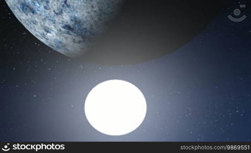 At night, the starry sky reveals a huge planet beneath the bright white moon. The camera slowly pans out, revealing a mountainous landscape covered in a white-blue glowing mist.