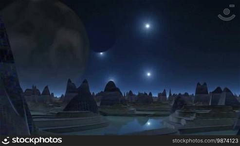 At night, the starry sky shows two huge planets. Around them revolve bright glowing objects (UFOs). Underneath, a city consisting of strange buildings stands among water. Over the horizon, a glowing white fog.