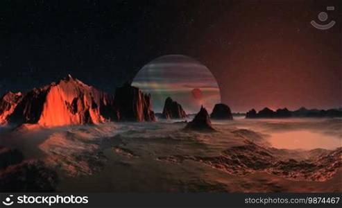 At night the starry sky slowly turns the gas giant planet. A moon is flying in the background. Beneath them, a deserted rocky landscape of an alien planet. In the lowlands, whitish mist. Over the horizon, a bright distant setting sun, coloring the landscape red.