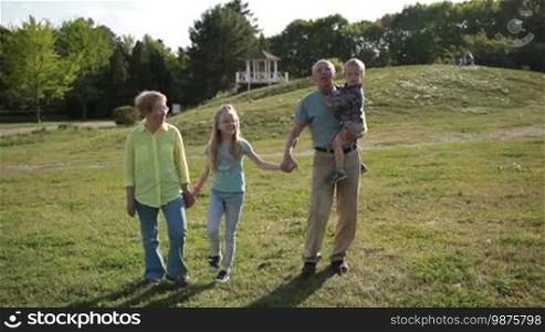Attractive grandparents bonding with grandchildren while taking a walk in the park. Joyful grandfather carrying his cute toddler grandson, holding hands of happy granddaughter while multi-generation family walking in the park and enjoying a sunny day.