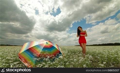 Attractive young woman in a red dress posing in field