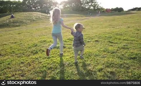 Back view of two playful children holding hands running through green grassy field in park. Young sister and toddler brother having fun and running on green meadow in glow of sunset. Slow motion. Steadicam stabilized shot.