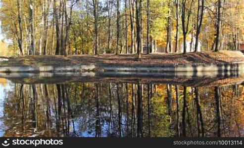 Beautiful autumn woods on the shore of the lake and its reflection in the water