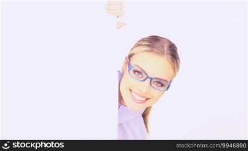 Beauty businesswoman with glasses holding an empty space board