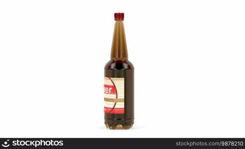 Big plastic beer bottle spins on white background