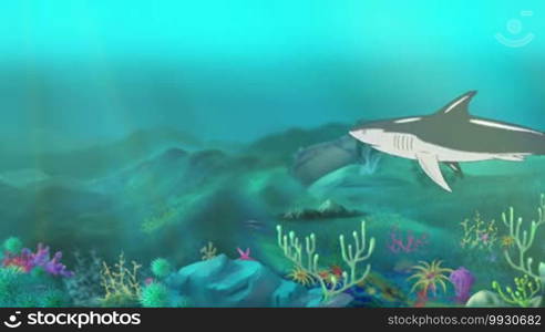 Big shark swimming in the ocean. Full-color handmade animation in HD