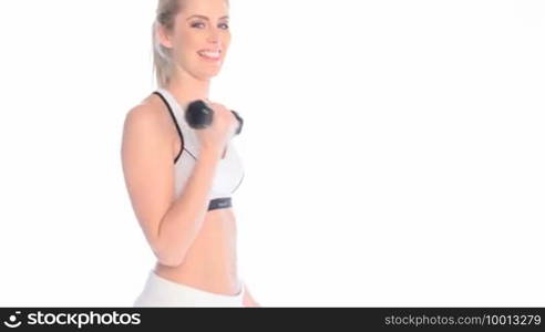 Blonde fitness woman lifting weights