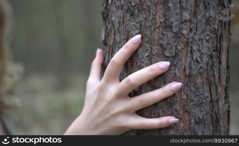 Blonde woman in the forest looking from behind the tree