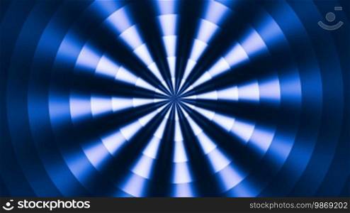 Blue circles and rays rotate and disappear against a dark background