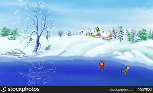 Boy and Girl Ice Skating on a Frozen Lake in a snowy Christmas rural landscape. Handmade animation in classic cartoon style.