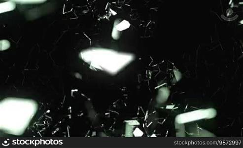 Breaking glass in slow motion on black. Alpha