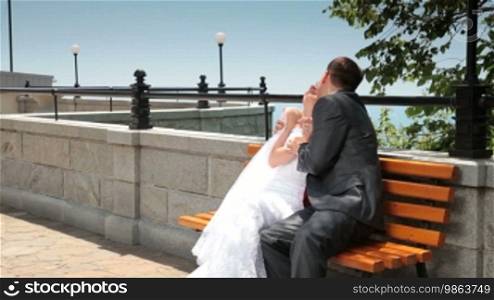 Bride and groom on the terrace in Foros, Crimea, Ukraine