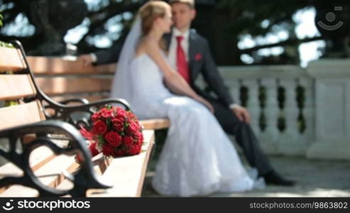 Bride and groom sit on a bench in the park