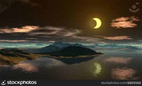 Bright night. Bright crescent moon hanging in the sky. Slowly floating clouds. Lake of small hills. Blue mist on the horizon. On the surface of water reflects the moon and clouds.