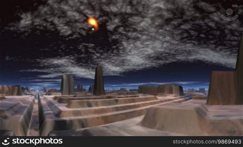 Bright red fiery meteor rotating quickly flies by over the city of aliens. In the sky the moon and floating clouds. The city consists of strange structures cut out from a stone. Over the horizon blue fog.