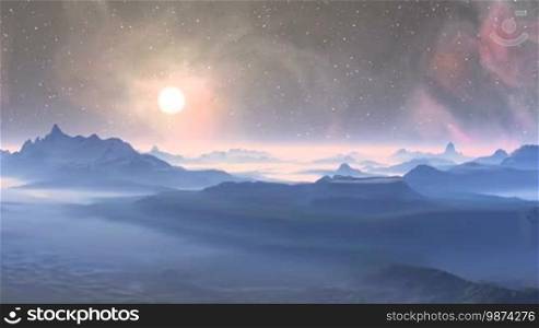 Bright sun quickly flying through the starry sky on the background color changing nebula. Beneath the mountains, hills and lowlands, covered with a thick fog. The sky light haze. The horizon is covered with bright glowing mist.