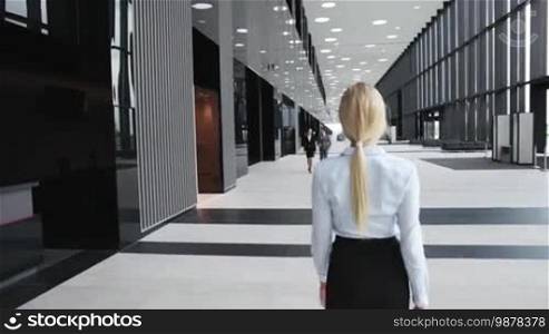 Business people walking and talking in the office building