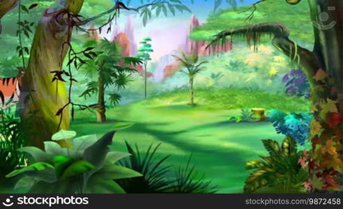 Cartoon Bengal Tiger Walks Through the Jungle in a Summer Day. Handmade animation, motion graphic.