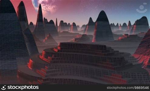 City of strange alien structures worth of water. He poured red sunset. In the starry sky visible large blue planet similar to Earth. White mist on the horizon.
