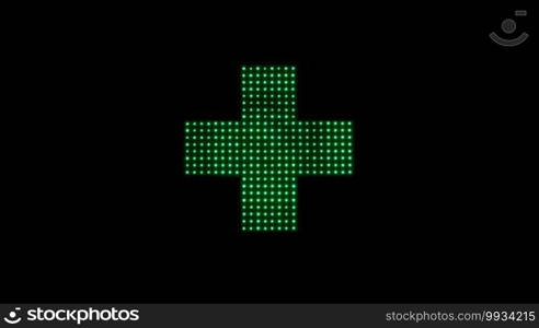 Close up of classical Pharmacy led light cross in green