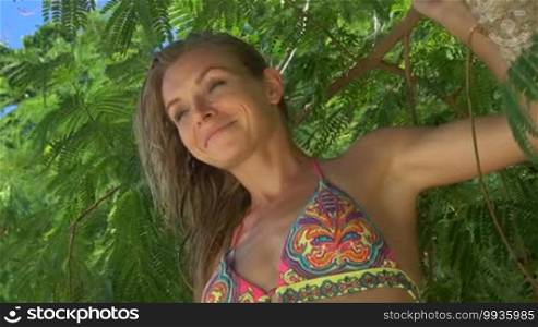 Closeup of a pretty blonde woman wearing colorful swimwear sitting on a branch on a beautiful summer day over a green leaves background - video in slow motion