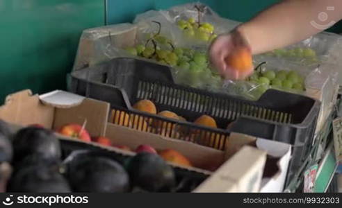 Closeup shot of packs with fruit in the shop or street stall, someone is choosing apricots before buying.