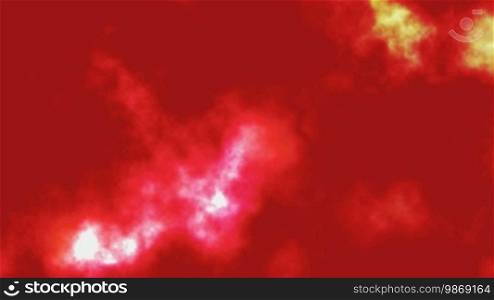 Clouds float against a red background with light flashes