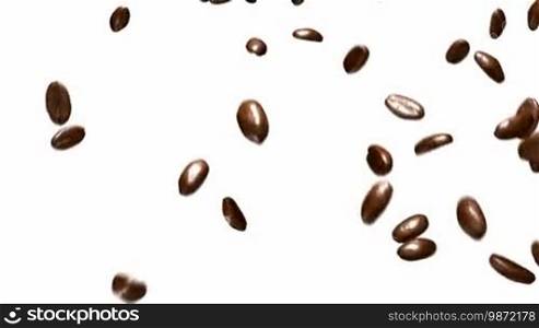 Coffee beans falling down with slow motion over white