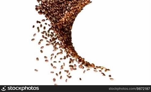 Coffee beans whirl with slow motion over white