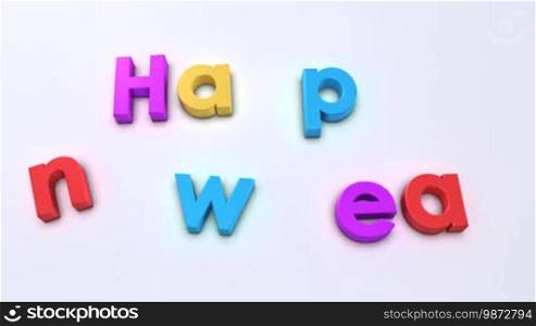 Colorful letter falling down on neutral background to compose "Happy New Year"