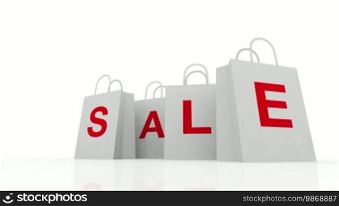 Computer generated animation of shopping bags on a white background.
