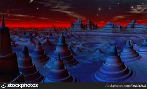 Cone-shaped blue structures change the form. Over the horizon a red shone fog. In the night sky, the moon and stars brightly shine, clouds float.