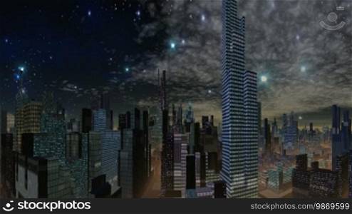 Consisting of a fantastic city skyline, night lights flickering. In the night starry sky, a glowing object (UFO) quickly flies. Slowly floating clouds.
