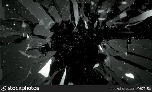 Cracked and shattered black glass with slow motion. Alpha is included