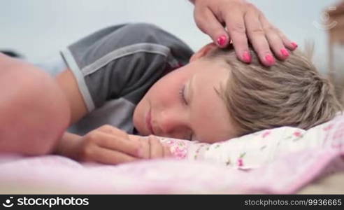 Cute little son fell asleep on picnic. Mother caressing her boy with tenderness.