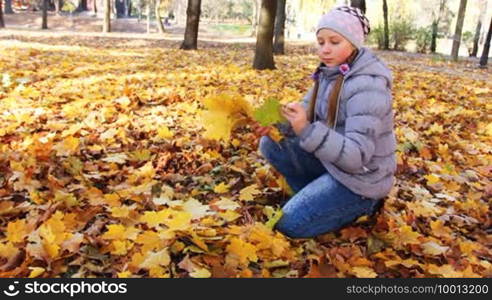 Cute teen girl sits on her knee and collects yellow leaves in beautiful autumn city park