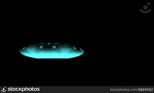 Dark abyss of space flies glowing UFO saucer-shaped. He crosses the room and disappears. UFO glows greenish light.