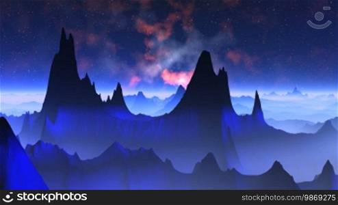 Dark blue mountains are covered by a blue fog. In the night starry sky, the fog is illuminated by different colors.