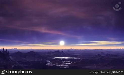 Dark purple mountains covered with snow. Over the hazy horizon, a bright moon rises. In the dark starry sky, clouds float. Moonlight is reflected in a mountain icy lake.