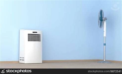Different types of air conditioners and electric fans in the room