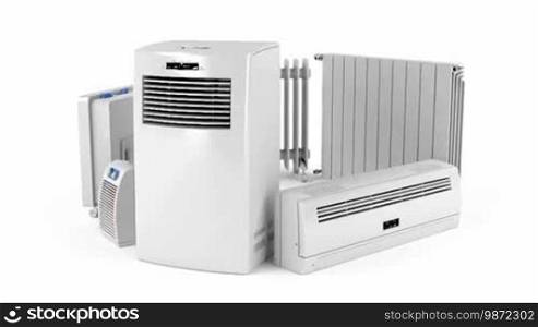 Different types of domestic electric heaters on white background