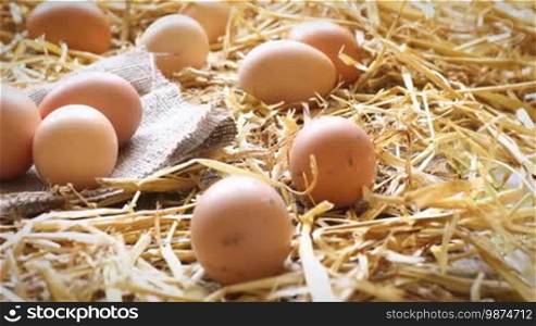 Dolly shot of hens organic eggs in a nest on rustic wood and straw.