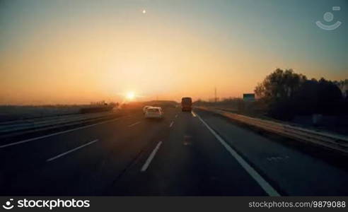 Driving a bus - car on a highway, Camera in the front, windshield